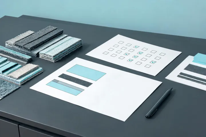 Technical material review desk with insulation swatches and specification notes
