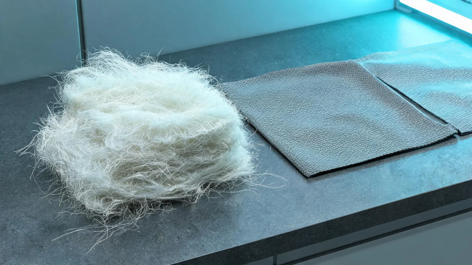 Macro view of fine synthetic insulation fibers in a performance textile evaluation setting